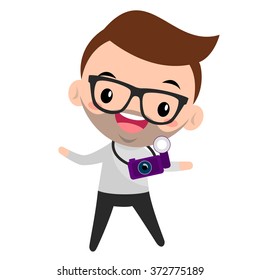 Smiling boy with photo camera wearing glasses