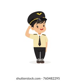 Smiling boy pilot standing isolated on white. Career day in kindergarten. Flat child character in captain uniform