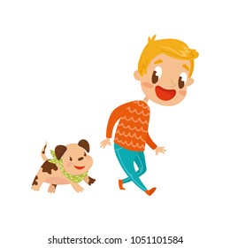 Smiling boy playing with his dog, cute cartoon character vector Illustration on a white background