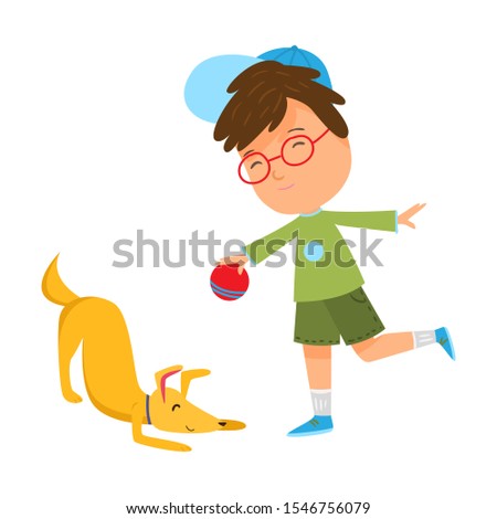 Smiling boy playing with his dog with ball vector illustration