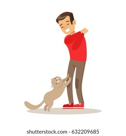 Smiling boy playing with his gray cat. Colorful cartoon character vector Illustration