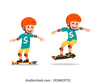 A smiling boy playing with his skateboard