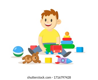 Smiling boy playing with his toys sitting on the floor. Colorful flat vector illustration, isolated on white background.