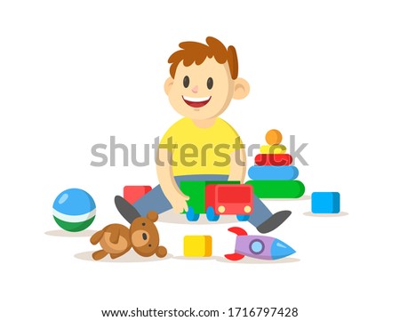 Smiling boy playing with his toys sitting on the floor. Colorful flat vector illustration, isolated on white background.