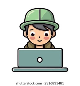 Smiling boy playing with laptop, modern technology icon