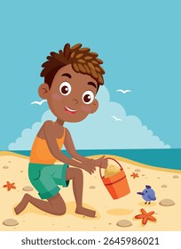 Smiling Boy Playing with Sand on Beach