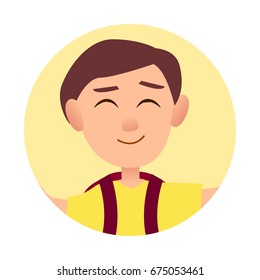 Smiling boy with pleasant smile and closed eyes avatar in round web button isolated on white. Schoolboy teenager userpic profile icon. Vector illustration of caucasian teen in flat cartoon style