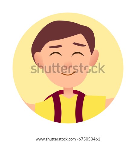 Smiling boy with pleasant smile and closed eyes avatar in round web button isolated on white. Schoolboy teenager userpic profile icon. Vector illustration of caucasian teen in flat cartoon style