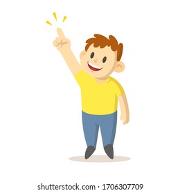 Smiling boy pointing his finger up as showing something, cartoon character design. Colorful flat vector illustration, isolated on white background.