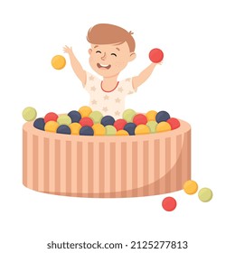 Smiling Boy in Pool with Colorful Balls Playing and Having Fun Vector Illustration