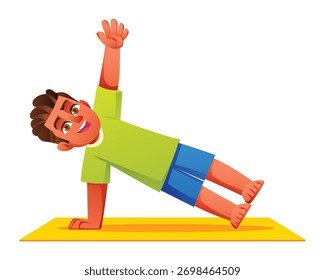 Menino sorridente praticando Side Plank Pose (Vasisthasana) em uma esteira, equilibrando em uma mão e o lado de seu pé. Ilustração de personagem de desenho animado vetorial