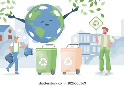 Smiling boy putting garbage in containers, man hold placards with recycle sign. Happy planet Earth. Care about our planet, zero waste, separating waste vector flat concept.