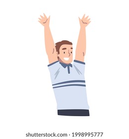 Smiling Boy Raising his Hands, Cheerful Male Person Having Fun Cartoon Vector Illustration