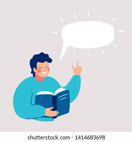 Smiling boy reading book. Speech bubble above. Human character vector illustration.