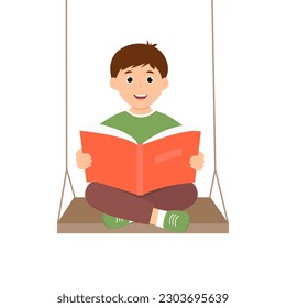 Smiling boy reading book  while sitting on swing. Child reader enjoying literature. Vector Illustration isolated on white background