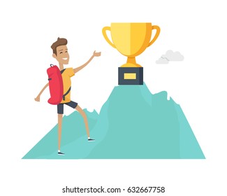 Smiling boy with red backpack climb up to top of the mountain wiht winner cup . Mountain climber. Winner trophy concept. Climbing on a cliff. Isolated vector illustration on white background