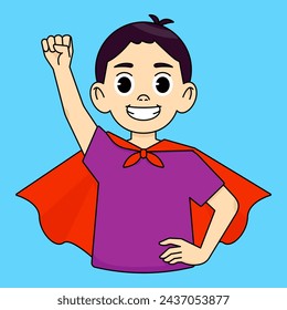 Smiling boy in a red cloak, hand raised up into a fist, the other hand held at the waist, possessing unusual talents