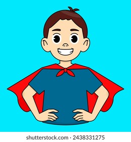 Niño sonriente con una capa roja que sostiene sus manos en su cintura, que tiene talentos inusuales