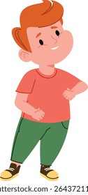 A smiling boy with red hair in a casual pose, drawn in a playful style. The young character wears a t-shirt and pants, exuding happiness. Cartoon vector illustration.