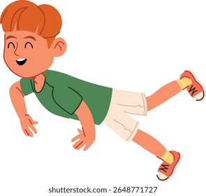 Um menino sorridente de cabelo ruivo flutua no ar usando camisa verde e calções. A criança parece alegre e despreocupada, suspensa com os braços e as pernas estendidos. Ilustração de vetor de desenhos animados.