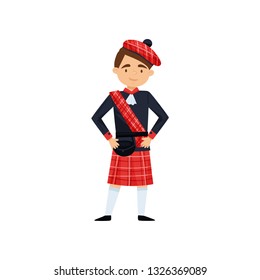 Smiling Boy In Red Kilt And Beret With Checkered Red Pattern. Traditional Scottish Dress. National Costume. Flat Vector