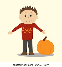 Smiling boy in red sweater with yellow leaves stretches out his arms for a hug. Welcome the harvest. Large pumpkin. Autumn. Vector illustration
