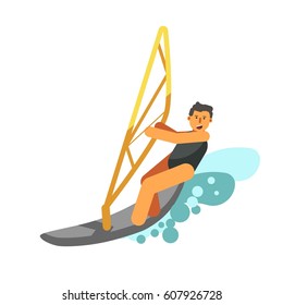 Lächelnder Junge ruht aktiv durch Wasserkiten einzeln auf weißem Hintergrund. Kitesurfen schwarz und gelb Kite. Vektorgrafik extremer Sportarten auf Aqua im Sommer in flachfarbigem Cartoon-Design