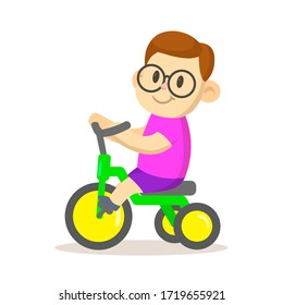 Smiling boy riding a bicycle. Sport and fitness. Colorful cartoon flat vector illustration. Isolated on white background.