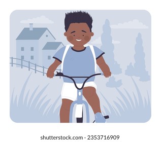 Chico sonriente montando en bicicleta. Tiempo de ocio al aire libre de verano, ilustración vectorial de ciclismo saludable