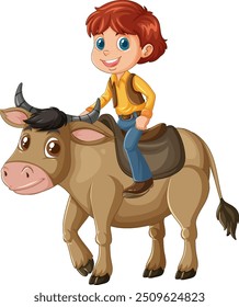 Smiling boy riding a friendly bull