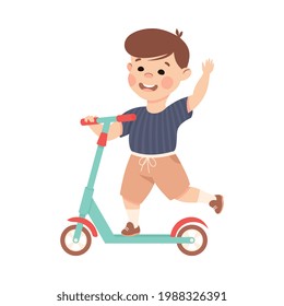 Smiling Boy Riding on Kick Scooter Pushing Off the Ground and Waving Hand Vector Illustration