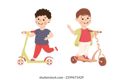 Smiling Boy Riding on Kick Scooter Pushing Off the Ground Vector Set