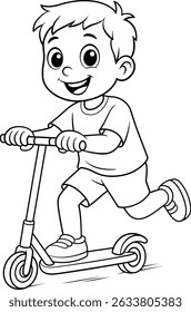 Smiling boy riding a scooter, cartoon vector coloring illustration for children