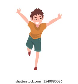 Smiling Boy Running with Arms Outstretched, Happy Rejoicing Teenage Boy Character Vector Illustration