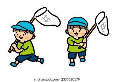 Smiling boy is running with butterfly net.
