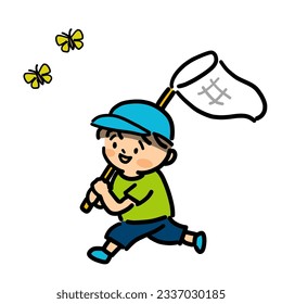 Smiling boy is running with butterfly net.