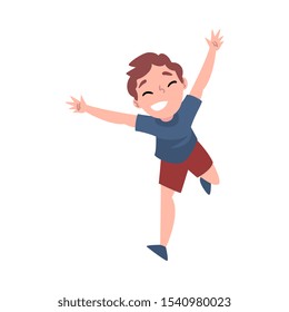 Smiling Boy Running with Raising Hands Up, Happy Rejoicing Schoolkid Character Vector Illustration