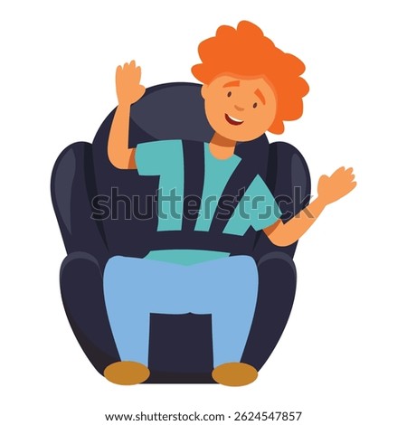 Smiling boy safely fastened with seat belt in a car seat waving his hands