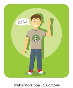 Smiling Boy Saying Hello And Showing Greeting Gesture