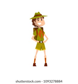 Smiling boy scout character in uniform standing with backpack vector Illustration on a white background