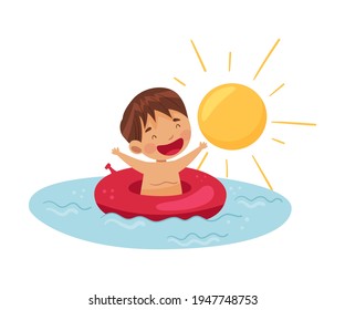 Smiling Boy at Sea Floating in Water with Rubber Ring Vector Illustration