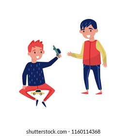 Smiling boy sharing toy car with another child. Kid with good manners. Flat vector illustration