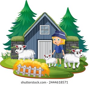 Smiling boy with sheep outside a rural house