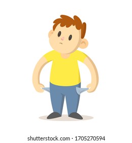 Smiling boy showing his empty pockets, poor, broke young man. Cartoon character design. Colorful flat vector illustration, isolated on white background.