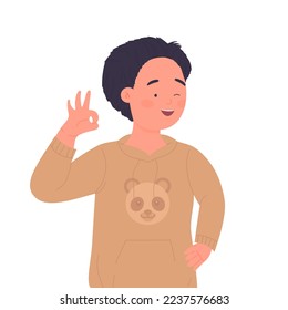 Smiling boy showing okay gesture. Happy and cheerful kid in good mood vector illustration