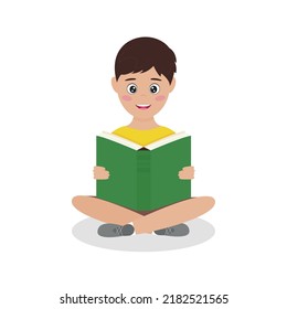 Smiling boy sitting with book in his hands. International Literacy or World book reading Day. Education, knowledge, study concept. Flat vector illustration