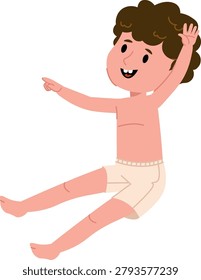 Smiling boy sitting cross leg on ground, hands on knees, cartoon style with clean line and soft shading. Symbol of joy, childhood, comfort, and calm relaxation. Cartoon vector illustration.