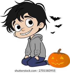 Un niño sonriente sentado con las piernas cruzadas con una calabaza