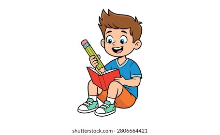 Smiling boy sitting with giant pencil and book
