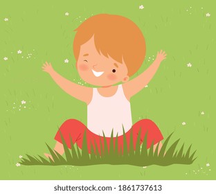 Smiling Boy Sitting on Green Lawn, Cute Kid Having Fun Outdoors Cartoon Vector Illustration